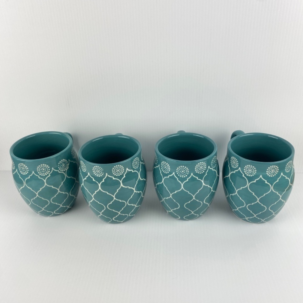 Baum Moroccan Large Turquoise Mugs Set of 4 Ceramic Coffee / Tea Cups 19 Oz - Picture 6 of 9